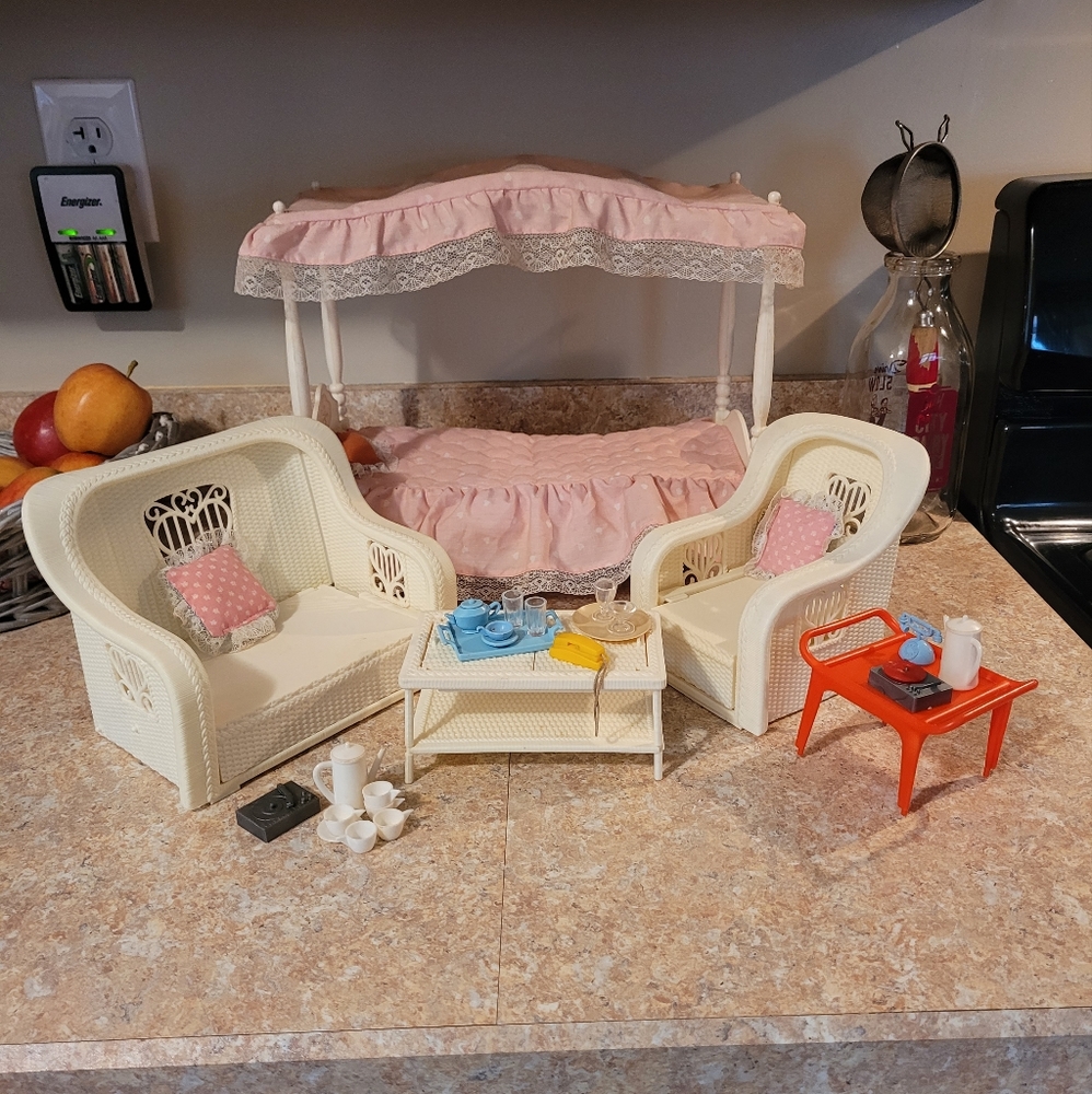 Vintage 1980-1982 Barbie Canopy Bed and Living Set